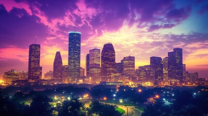 Fototapeta premium Houston Skyline at Sunset: A Vibrant Cityscape