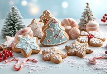 Festive Arrangement of Beautifully Decorated Christmas Cookies Surrounded by Seasonal Decorations and Snow-Like Sugar on a Soft Blue Background
