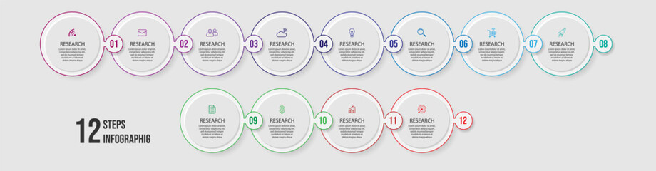 business infographic with 18 interconnected sections with additional number icons and colored lines