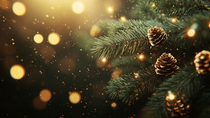 Golden Christmas tree branch with pine cones and bokeh lights