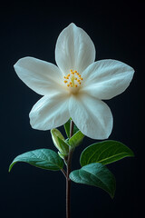 Elegant White Flower with Green Leaves on Dark Background