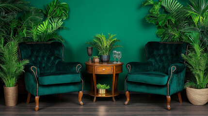 Obraz premium Emerald Oasis: Two plush emerald green velvet armchairs flank a rich wood side table, nestled amongst lush tropical plants against a deep green wall. A scene of refined luxury and tranquil escape. 