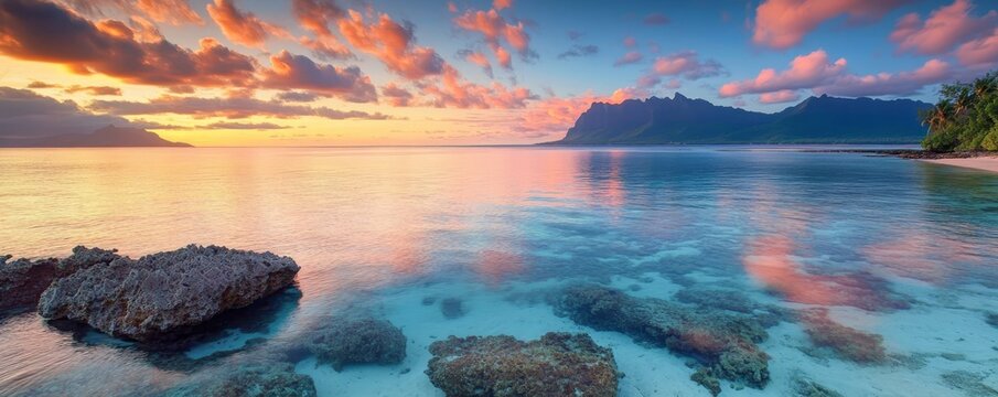 Tropical sunset serenity bora bora landscape photography calm ocean wide angle nature's beauty unveiled at dusk