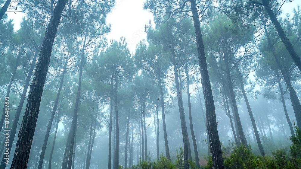 Poster a misty forest with towering pine trees, the fog adding a mysterious and serene atmosphere