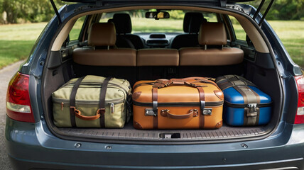 "Family Suitcases in a Car Trunk