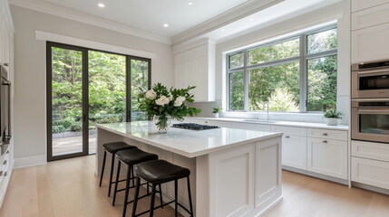 Bright kitchen with large windows, fresh flowers, and modern design