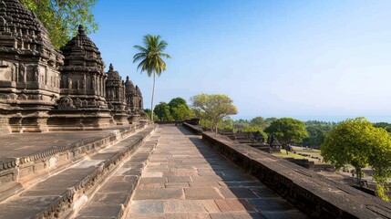 Fototapeta premium Ancient Stone Temple Pathway with Ocean View