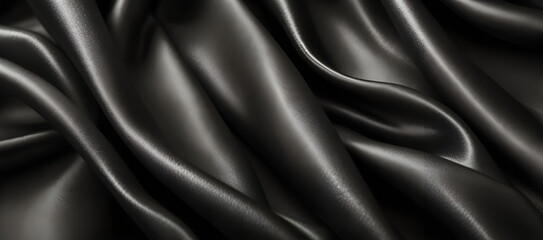 Fototapeta premium Black drapery silk fabric luxury background. Wavy abstract satin cloth vector texture pattern. Smooth shiny drape material curtain. Elegant velvet curve motion image realistic horizontal design.