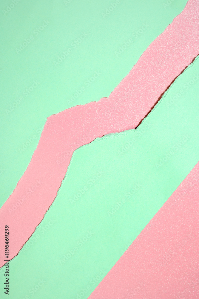 Poster top view of torn green paper on a colored background. mockup. copy space. presentation or template. 