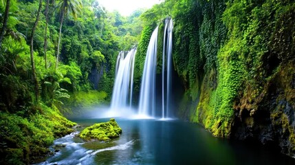 Fototapeta premium Lush Tropical Waterfall in Rainforest