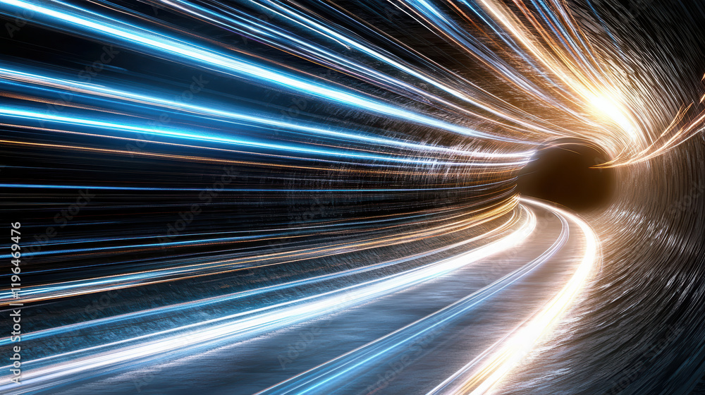 Poster colorful light trails weave through dark tunnel, creating dynamic scene