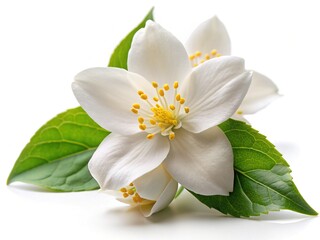 Fragrant Jasmine Flower Bloom, White Background, Copy Space, Stock Photo