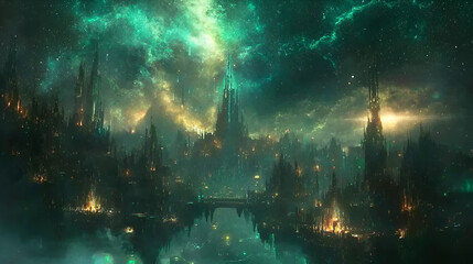 Obraz premium Emerald nebula city, reflection, night, fantasy, artwork, game background