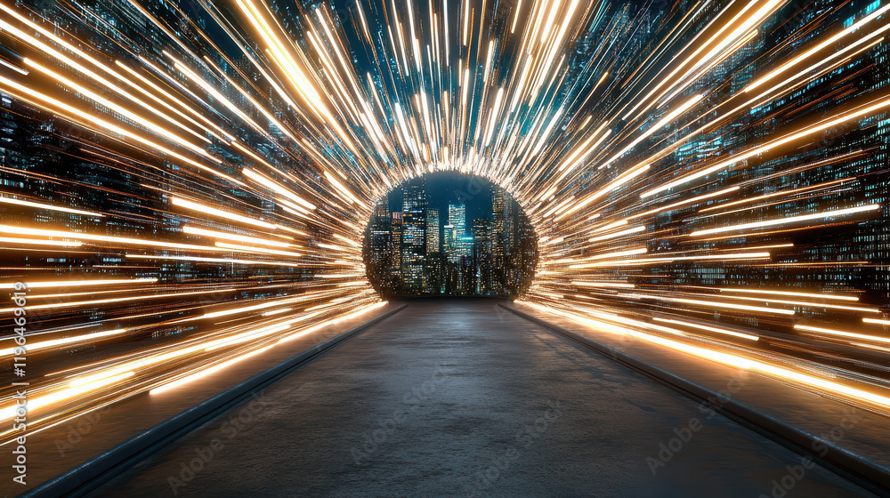 Poster dynamic light trails create vibrant tunnel effect in cityscape