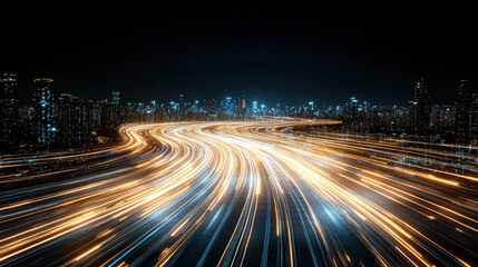 Obraz premium Flowing light trails illuminate city skyline at night, creating vibrant scene