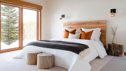 Fototapeta premium Cozy bedroom with warm color scheme, inviting decor, and natural elements