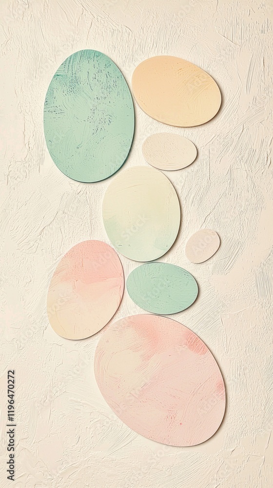 Poster delicate ovals in soft pastel colors dance across an understated textured background, creating a ser