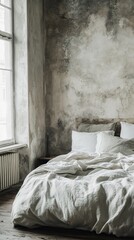 A serene bedroom with unmade bed and rustic concrete walls, showcasing minimalist design and cozy comfort in a sunlit space.
