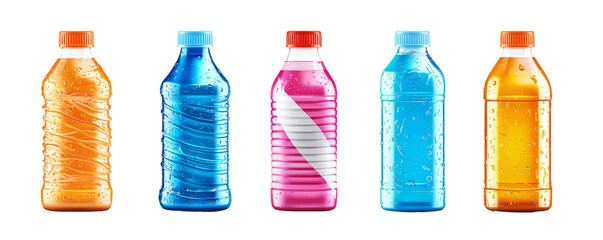 Colorful sports drink bottles arranged on a white background, showcasing vibrant hues and unique designs.
