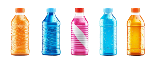 Colorful sports drink bottles arranged on a white background, showcasing vibrant hues and unique designs.