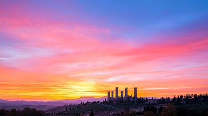 Fototapeta premium Serene sunset over hills with towering structures and vibrant sky.