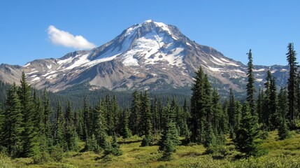 Obraz premium Snow-Capped Mountain Surrounded by Pine Trees Under a Clear Blue Sky