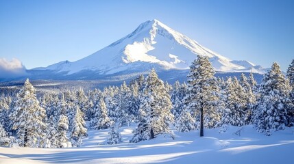 Snow-Capped Mountain Surrounded by Pine Trees Under a Clear Blue Sky