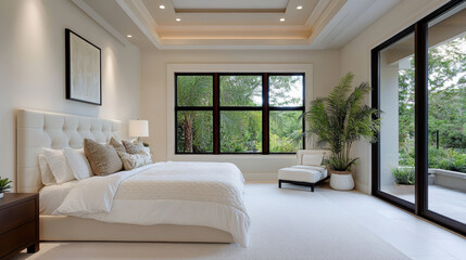 Fototapeta premium Elegant bedroom with statement headboard and soft textures, featuring large windows