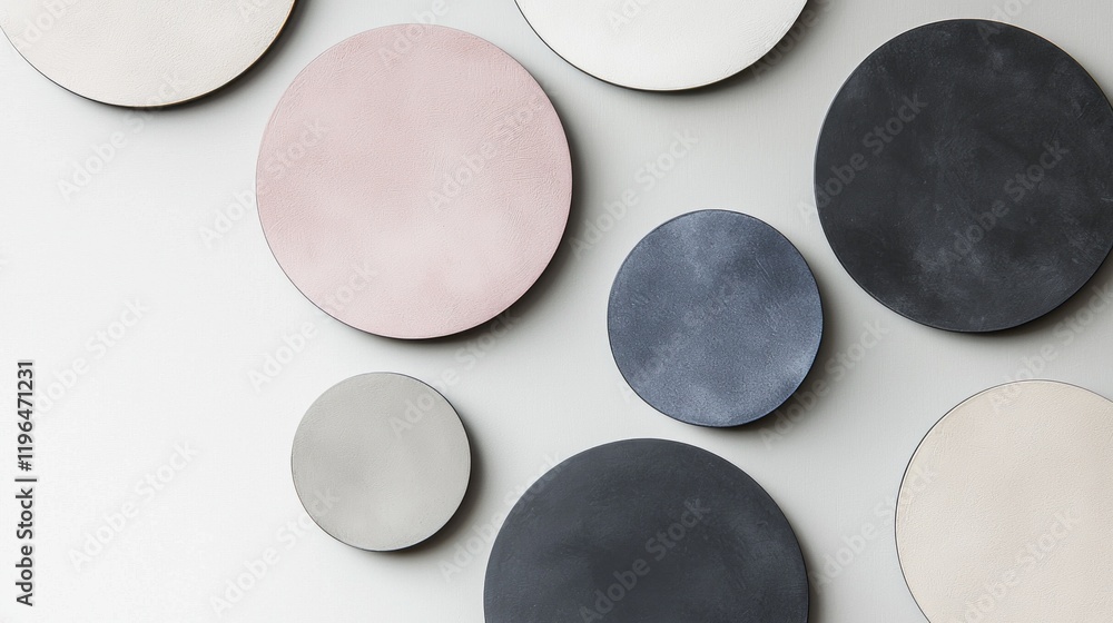 Poster soft pastel and deep hues blend seamlessly in an arrangement of circular forms, casting shadows and 