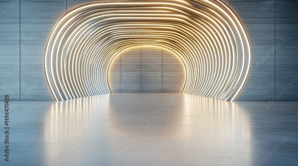 Poster futuristic abstract space with illuminated curved lines and smooth floor