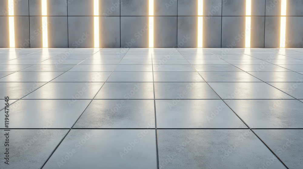 Poster futuristic interior with illuminated grid patterns and reflective tiles