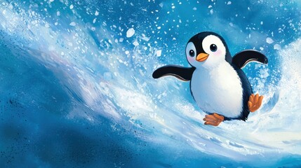 Obraz premium Cute Animated Penguin Sliding on Snowy Ice Wave in Winter Wonderland