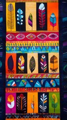 81. A Brazilian indigenous fabric with feather motifs and geometric patterns in bold primary colors