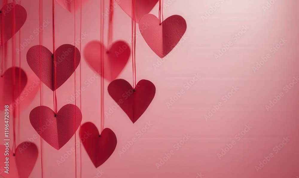 Wall mural Hanging red heart with Valentine's Day pink background