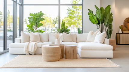 Inviting living room with large sectional and decorative plants