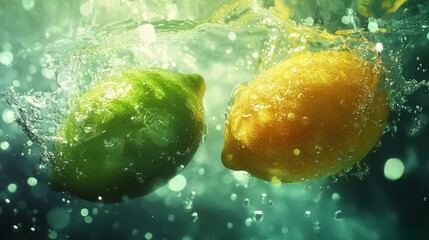 Two fresh lemons collide in water, creating dynamic splashes and energetic movement in a vibrant, refreshing scene.