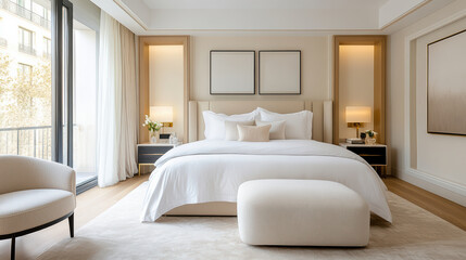 Fototapeta premium Luxurious bedroom with plush bed, elegant decor, and natural light