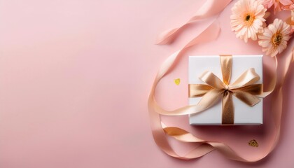 White Gift Box with Rose Gold Ribbon on Pastel Pink Background. Top View of Mother Day Gifts with Copy Space