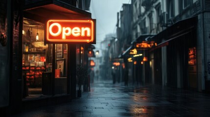 Rainy Night City Street Scene with Open Shop Sign Neon Lights and Wet Pavement