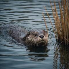 A sleek otter swimming in a calm river surrounded by reeds.
