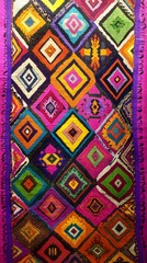 87. A Bolivian Aymara textile with geometric shapes and traditional colors representing the highlands