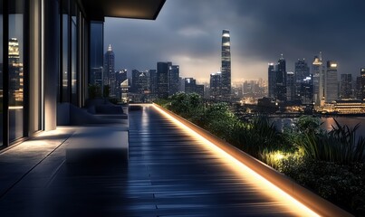 Fototapeta premium At night, the terraces of high-rise buildings and scenic sidewalks in the city