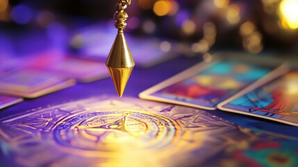 golden pendulum hovering, reflections of ligh, a sacred and magical atmosphere