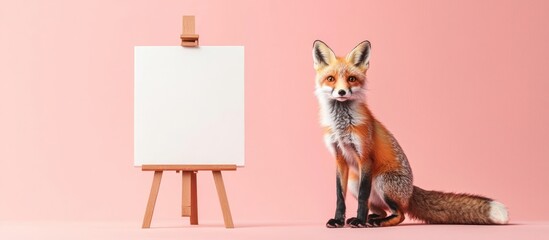Obraz premium Playful kitten touches blank easel canvas, inviting customization with text or graphics, pastel pink background.