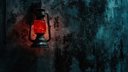 Fototapeta premium Glowing Red Antique Lantern on Dark Textured Wall Halloween Mystery