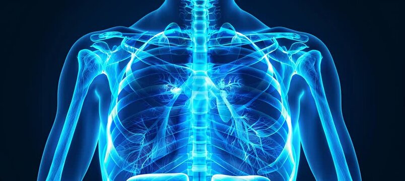 Human chest lung on blue x-ray visual. Generative video 
AI technology.	
