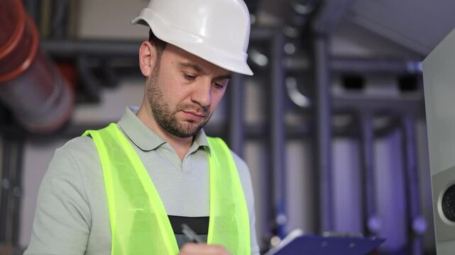 Confident bearded power generation plant worker takes notes on clipboard, looking at the camera and smiling in modern boiler room.