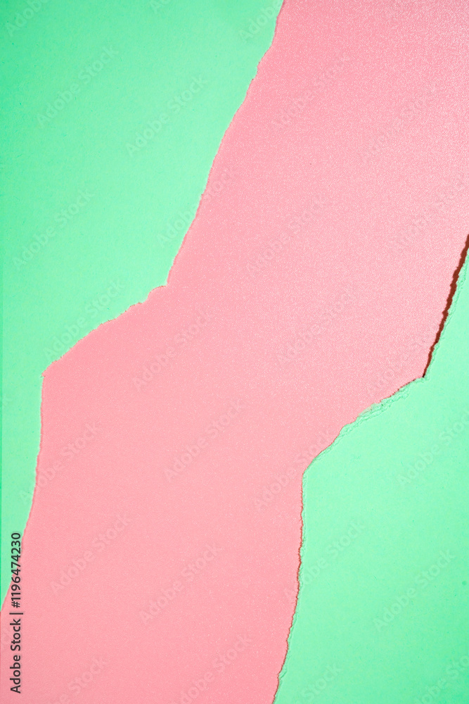 Poster top view of torn green paper on a colored background. mockup. copy space. presentation or template. 