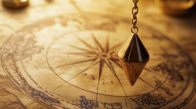 brass pendulum swinging above an old world map, spiritual dowsing for hidden places or lost treasures, with warm sepia tones 