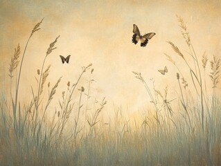 Butterflies flutter over grassy field at sunset nature photography serene landscape soft colors dreamy vibe for nature lovers